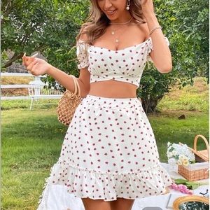 Strawberry Off Shoulder Lace Up Back Crop Top
 With Gathered Hem Skirt
